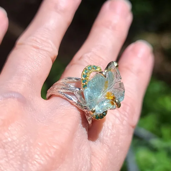 Aquamarine leaf carved gemstone & Topaz Sterling ring sz7.5 - Picture 8 of 10